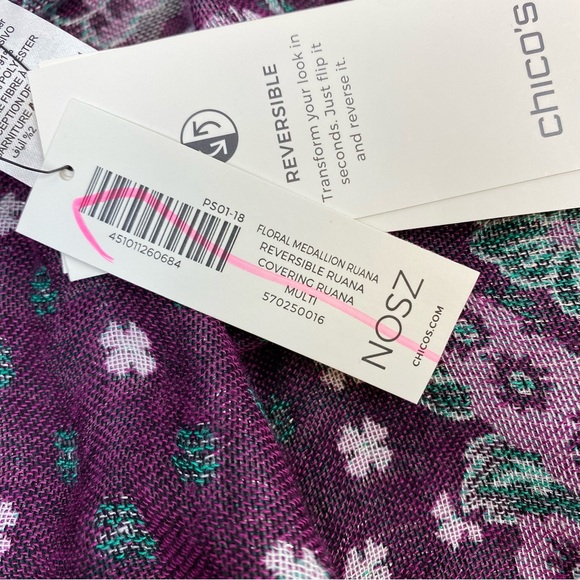 Chico's Reversible Pink-White Floral Medallion Ruana Wrap Open Cardigan NWT OS - Picture 9 of 11